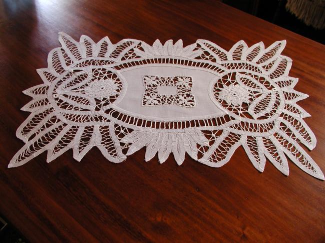 Lovely table runner with Battenburg tape lace and drawnthread works