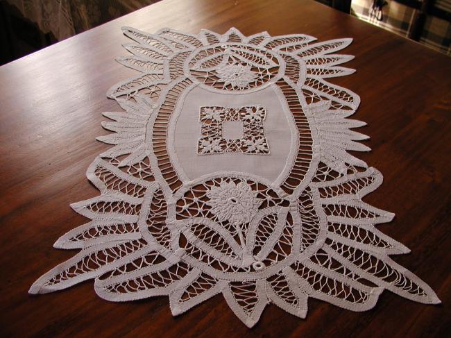 Lovely table runner with Battenburg tape lace and drawnthread works