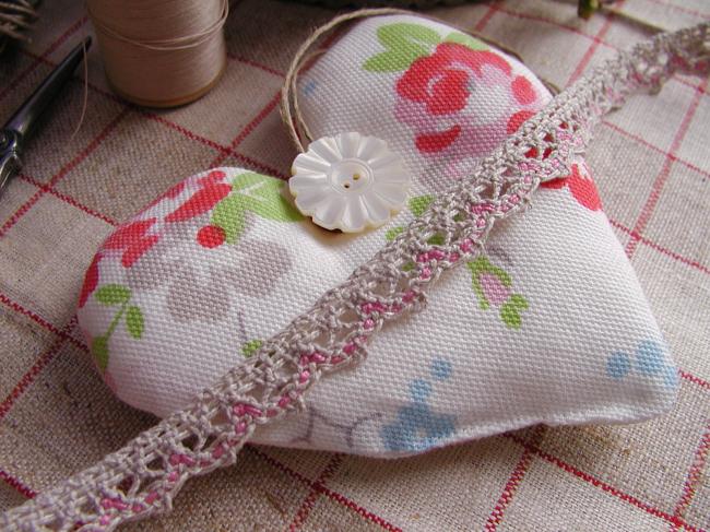 Adorable dentelle à feston en lin naturel et coton rose (15mm)