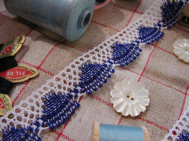 Charmante dentelle bicolore bleu & blanc en coton à feston en 23mm