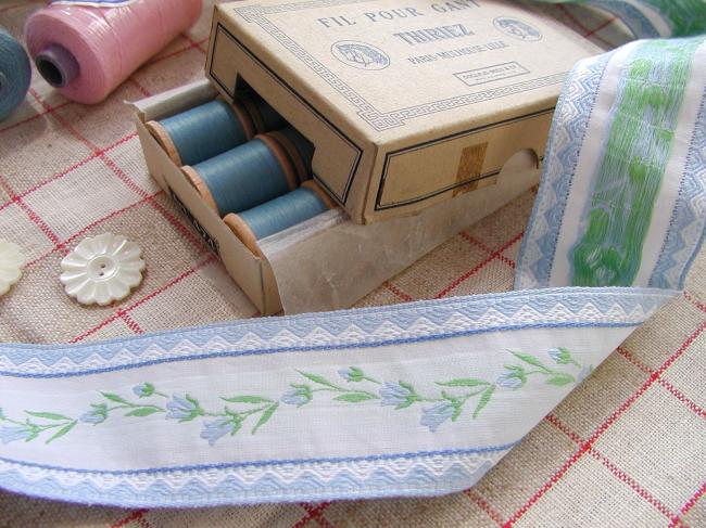 Ancien ruban en coton tissé de rinceaux de campanules bleues (42mm)