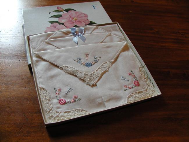 Lovely set of flowers embroidered handkerchiefs in original box, monogram F