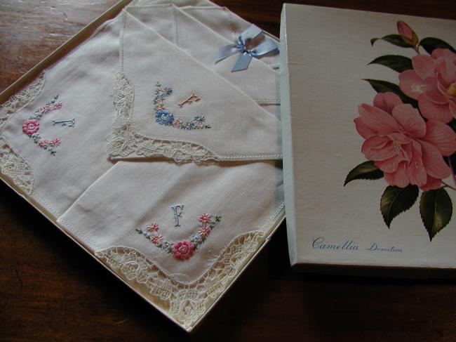 Lovely set of flowers embroidered handkerchiefs in original box, monogram F