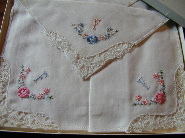 Lovely set of flowers embroidered handkerchiefs in original box, monogram F