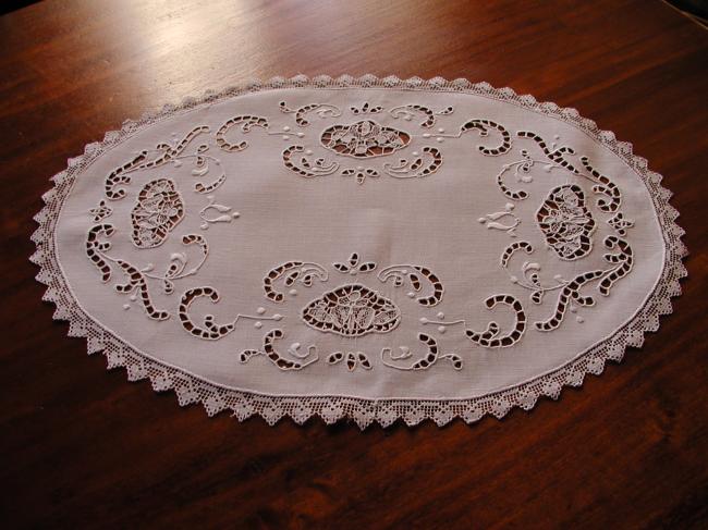 Gorgeous oval table centre with filet, Milan and Richelieu embroidery
