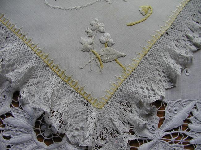 So charming handkerchief case with bobbin lace and lovely embroidery
