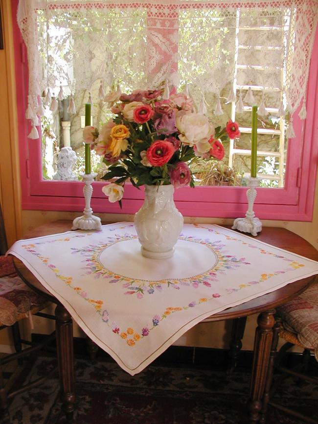 Enchanting tablecloth with hand-embroidered wild hyacinths & tiny flowers