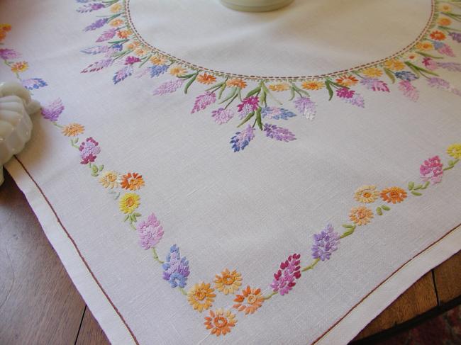 Enchanting tablecloth with hand-embroidered wild hyacinths & tiny flowers