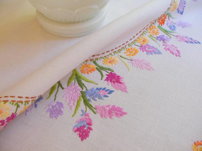 Enchanting tablecloth with hand-embroidered wild hyacinths & tiny flowers