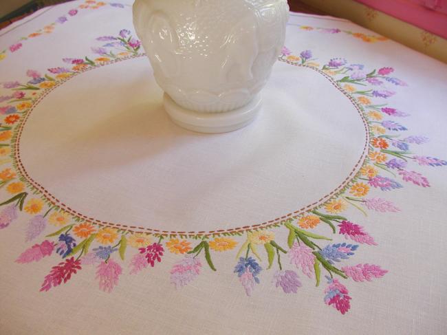 Enchanting tablecloth with hand-embroidered wild hyacinths & tiny flowers