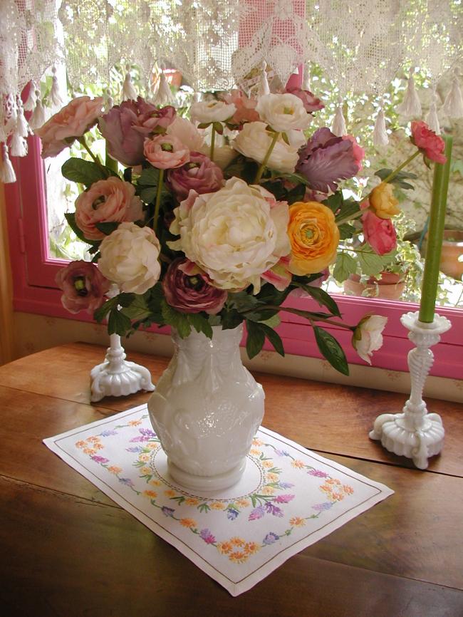 Lovely table centre with hand-embroidered wild hyacinths & tiny flowers