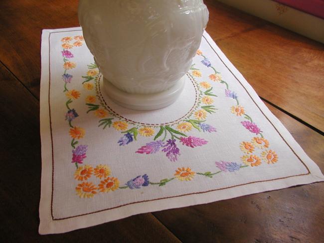 Lovely table centre with hand-embroidered wild hyacinths & tiny flowers