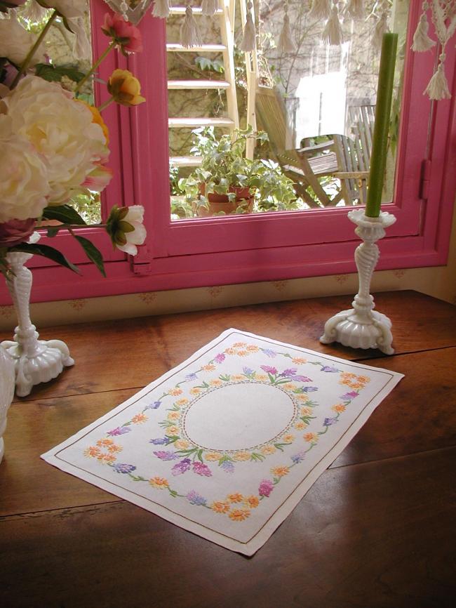 Lovely table centre with hand-embroidered wild hyacinths & tiny flowers