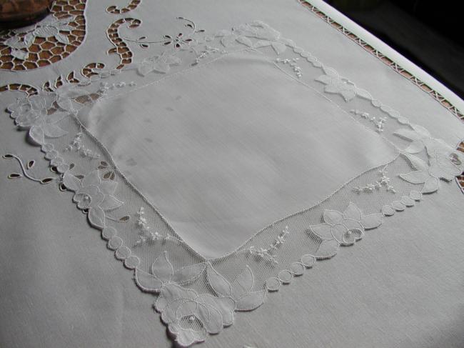 Lovely handkerchief with appliqué and embroidered net