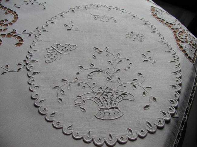 So adorable table centre with basket of flowers and butterflies,white embroidery