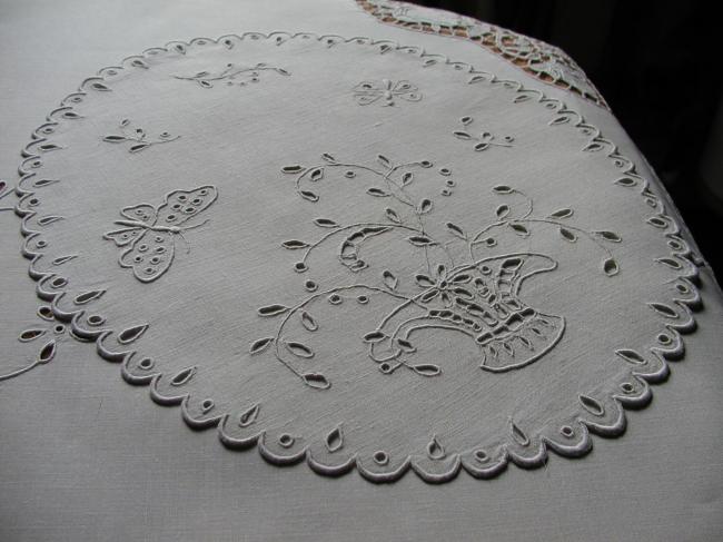 So adorable table centre with basket of flowers and butterflies,white embroidery