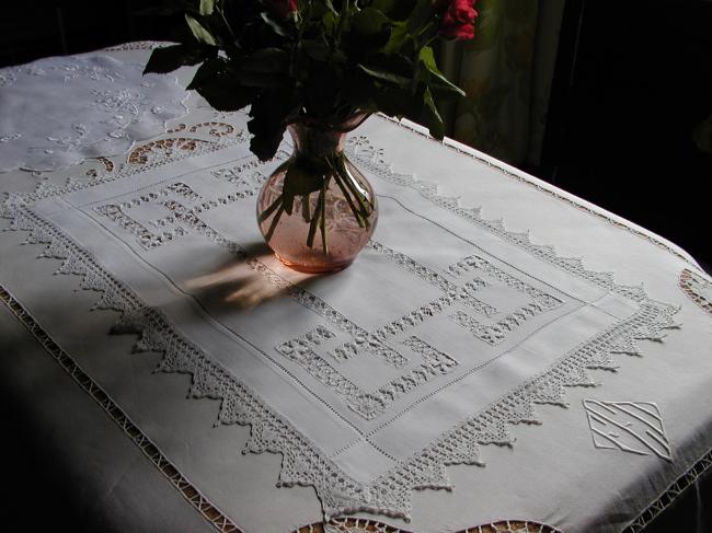 Wonderful trolley or table centre with drawn thread works and crochet lace