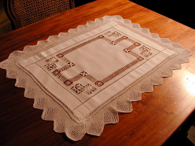 Gorgeous trolley mat or table centre with drawn thread works and knitted lace