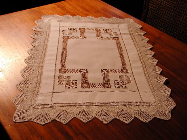 Gorgeous trolley mat or table centre with drawn thread works and knitted lace