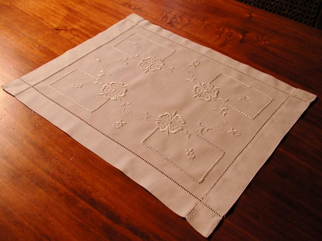 Lovely tray cloth with white embroidery and drawn thread work