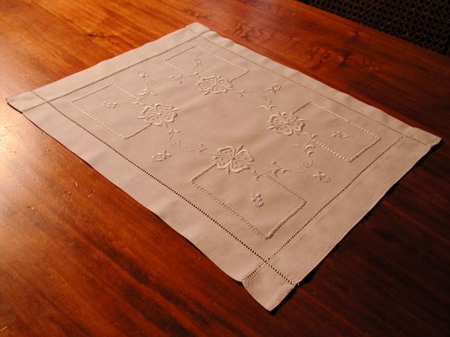 Lovely tray cloth with white embroidery and drawn thread work