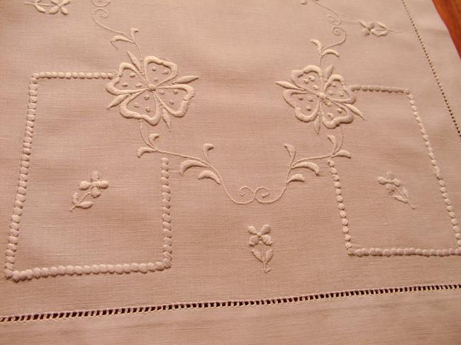 Lovely tray cloth with white embroidery and drawn thread work