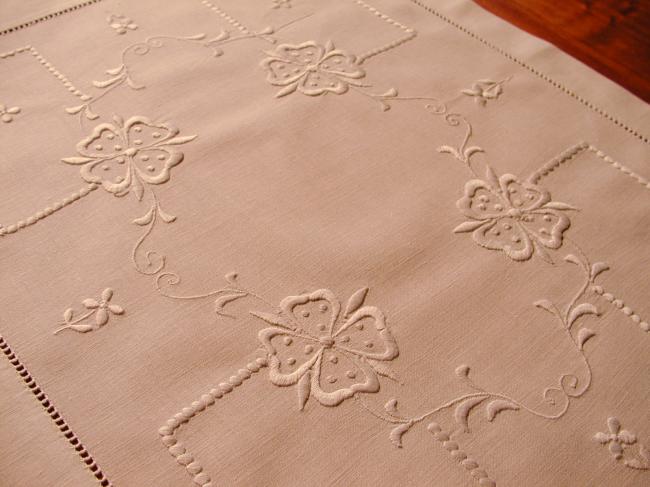 Lovely tray cloth with white embroidery and drawn thread work