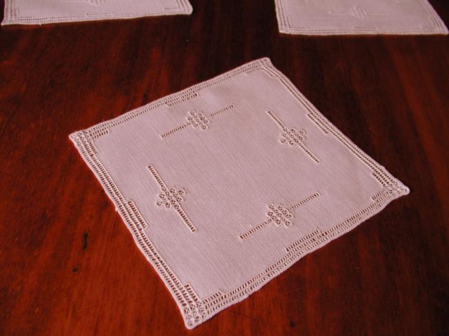 Lovely set of 6 under glass mats in Hardanger embroidery