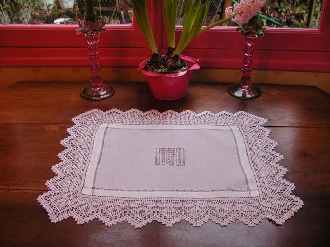 Stunning drawn thread batiste of linen table centre with crochet lace