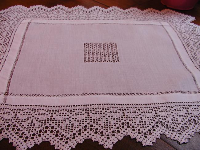 Stunning drawn thread batiste of linen table centre with crochet lace