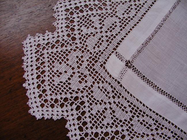 Stunning drawn thread batiste of linen table centre with crochet lace