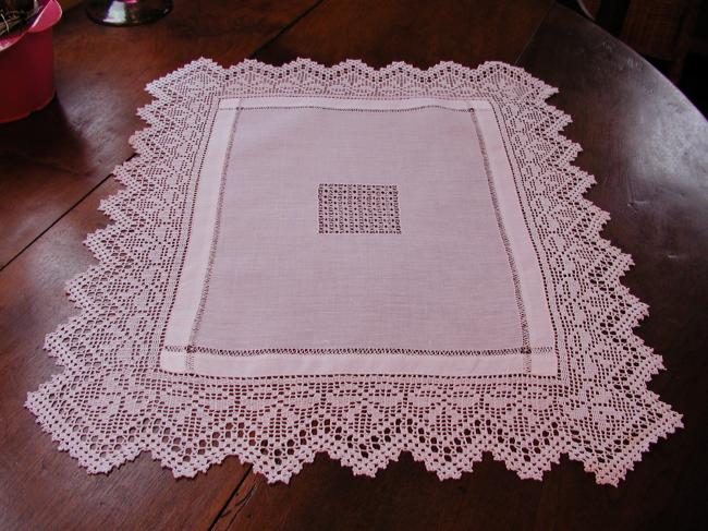 Stunning drawn thread batiste of linen table centre with crochet lace
