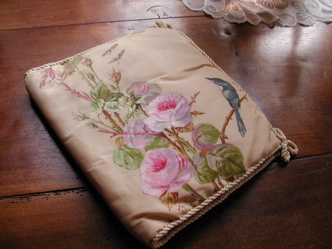 Gorgeous book cover in silk with stunning painting of roses and bird
