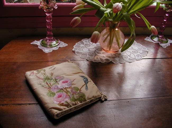 Gorgeous book cover in silk with stunning painting of roses and bird