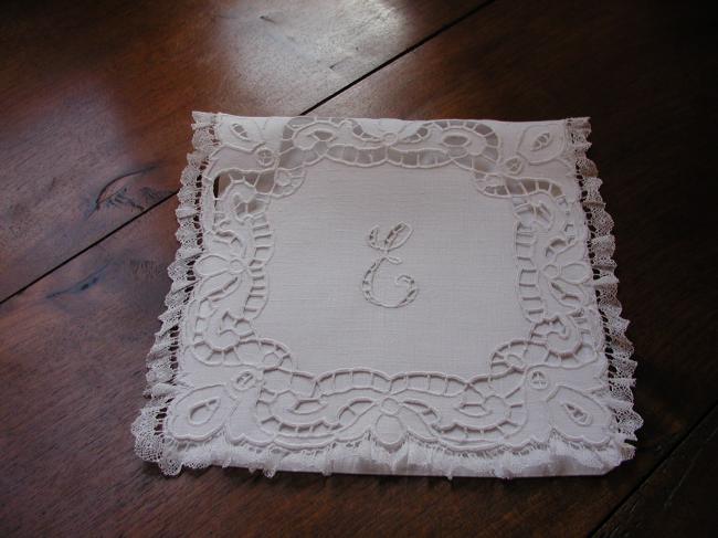 Lovely handkerchief case with monogram E and Richelieu embroidery
