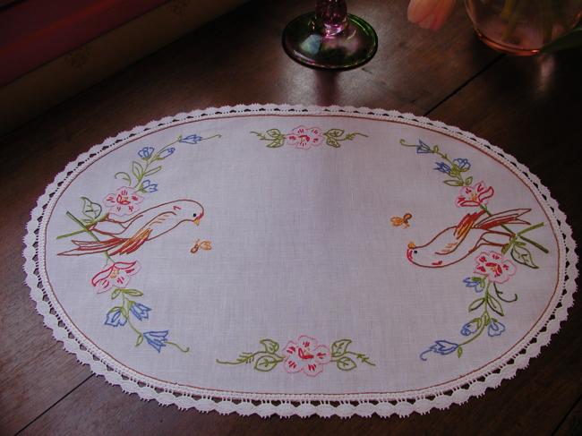 Lovely oval table centre with embroidered birds and flowers