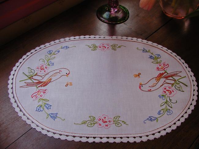 Lovely oval table centre with embroidered birds and flowers