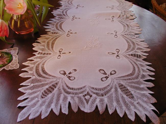 Absolutely stunning table runner with embroidered snow-drops & Renaissance lace