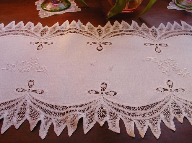 Absolutely stunning table runner with embroidered snow-drops & Renaissance lace