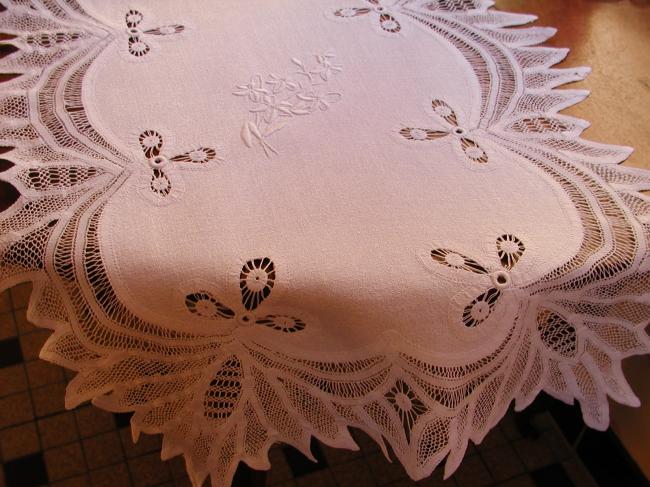 Absolutely stunning table runner with embroidered snow-drops & Renaissance lace