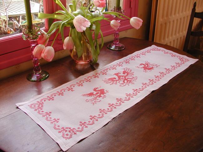 Lovely table runner with cross stitches embroidered salamanders