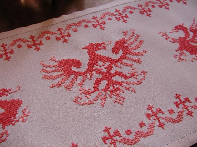 Lovely table runner with cross stitches embroidered salamanders