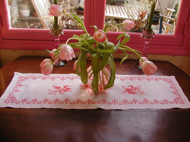 Lovely table runner with cross stitches embroidered salamanders