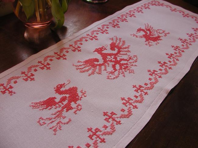 Lovely table runner with cross stitches embroidered salamanders