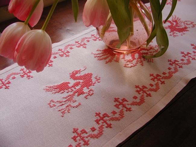 Lovely table runner with cross stitches embroidered salamanders