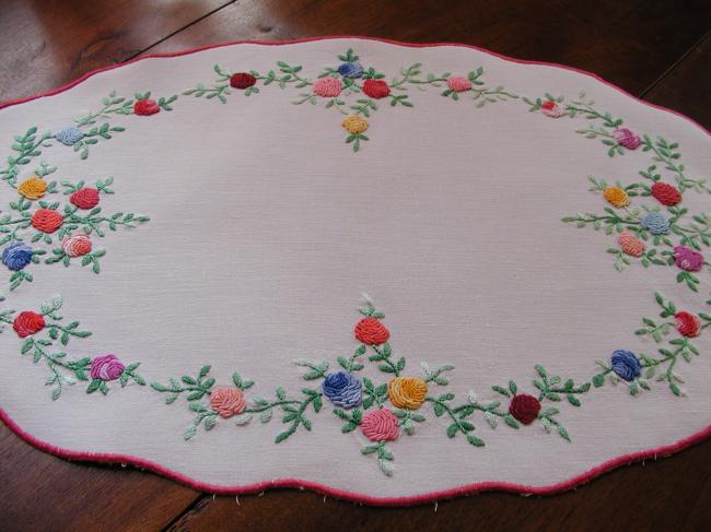 So charming oval table centre with embroidered roses