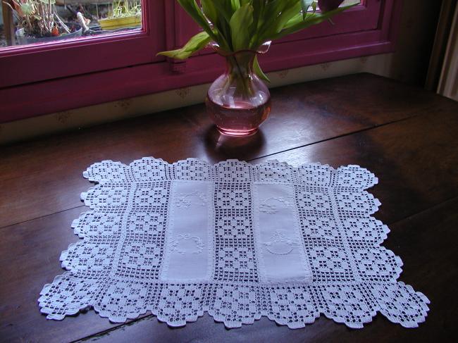 Just beautiful table topper with crochet lace and whiteworks