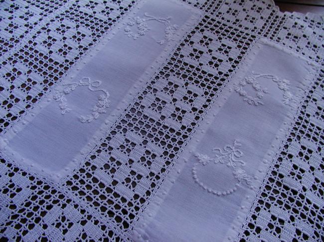 Just beautiful table topper with crochet lace and whiteworks