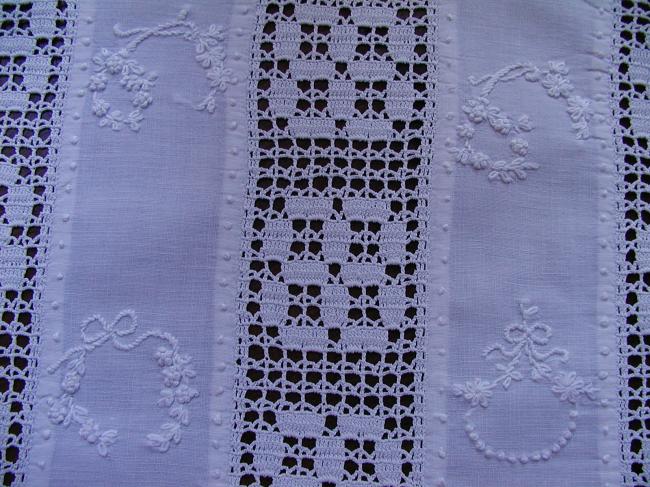 Just beautiful table topper with crochet lace and whiteworks