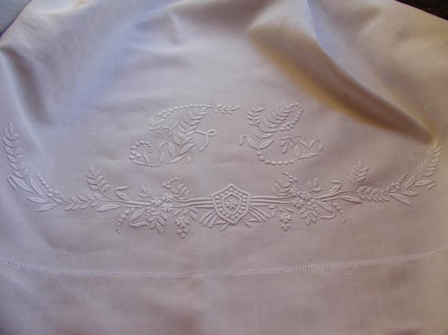 Lovely heavy linen sheet with huge wild flowers and wheat monogram FC